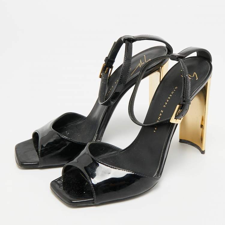 Pre Owned Giuseppe Zanotti Size 36 Black/Gold Patent Leather Ankle Strap Sandals