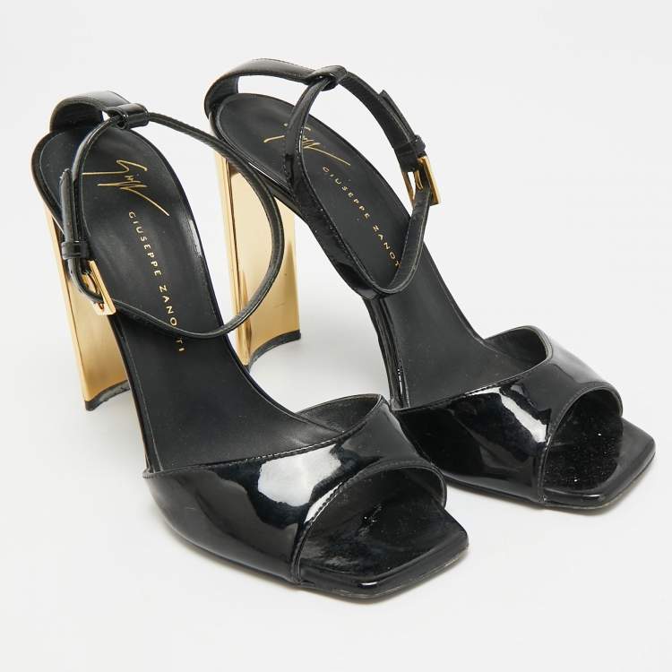 Pre Owned Giuseppe Zanotti Size 36 Black/Gold Patent Leather Ankle Strap Sandals