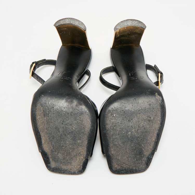 Pre Owned Giuseppe Zanotti Size 36 Black/Gold Patent Leather Ankle Strap Sandals