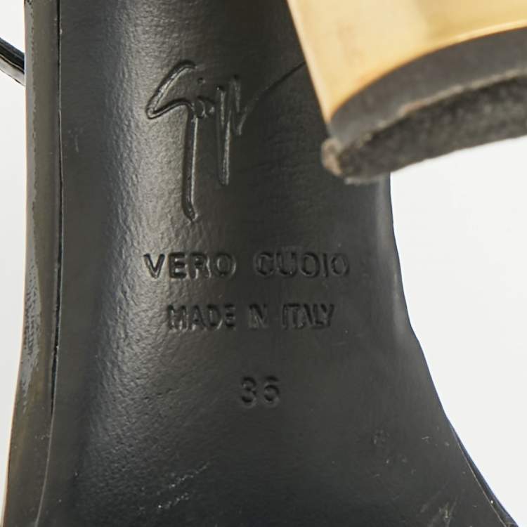 Pre Owned Giuseppe Zanotti Size 36 Black/Gold Patent Leather Ankle Strap Sandals