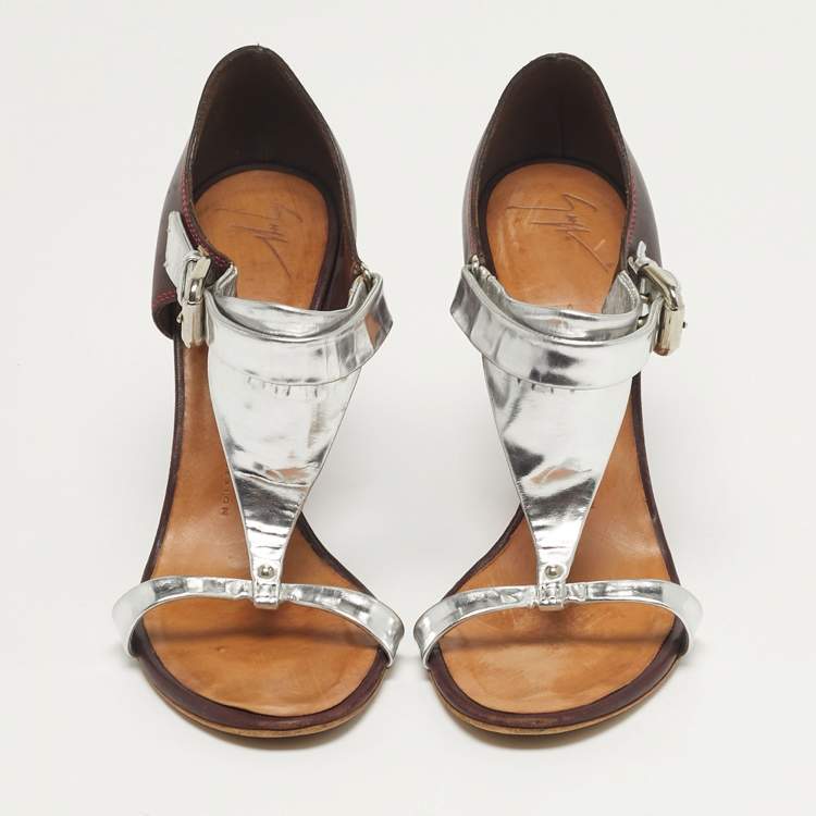 Pre Owned Giuseppe Zanotti Size 39.5 Tricolor Leather Ankle Strap Strap Block Heel Sandals