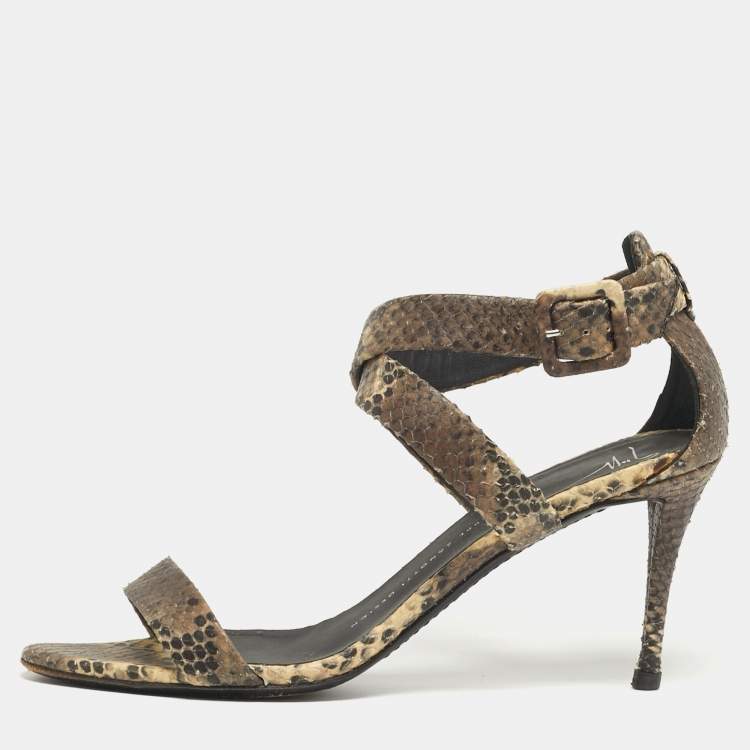 Pre Owned Giuseppe Zanotti Size 38.5 Brown Snakeskin Embossed Leather Ankle Strap Sandals