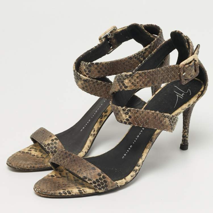 Pre Owned Giuseppe Zanotti Size 38.5 Brown Snakeskin Embossed Leather Ankle Strap Sandals