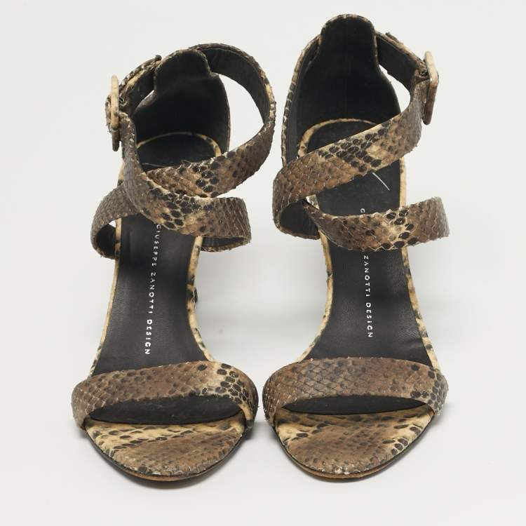 Pre Owned Giuseppe Zanotti Size 38.5 Brown Snakeskin Embossed Leather Ankle Strap Sandals