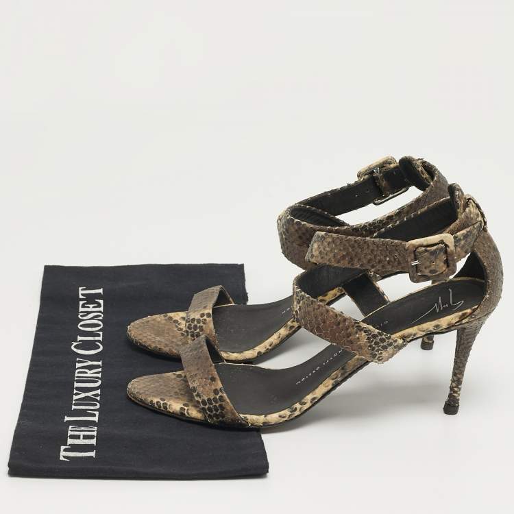 Pre Owned Giuseppe Zanotti Size 38.5 Brown Snakeskin Embossed Leather Ankle Strap Sandals