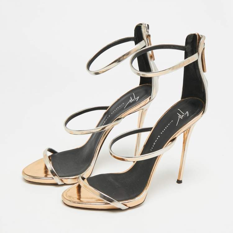 Pre Owned Giuseppe Zanotti Harmony Size 41 Gold Foil Leather Ankle Strap Sandals