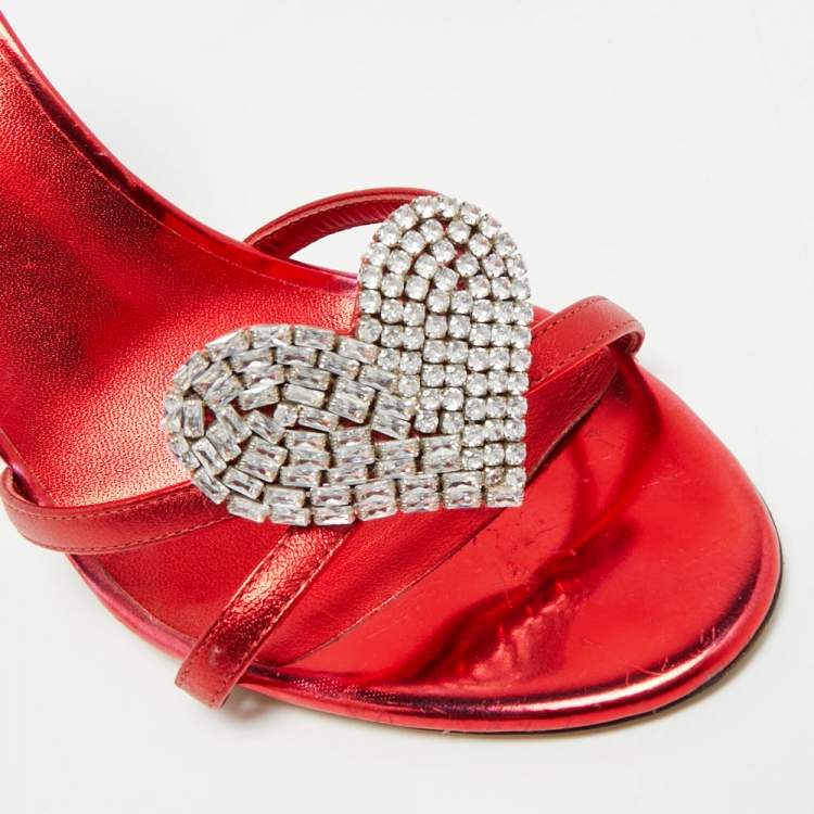 Pre Owned Giuseppe Zanotti Size 38.5 Red Leather Crystals Heart Embellished Slide Sandals                    