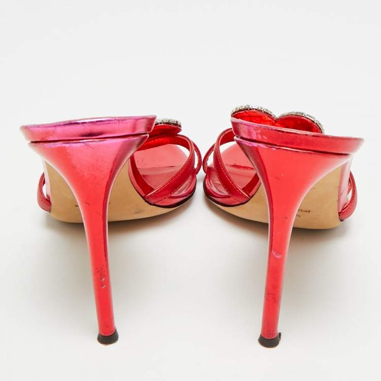 Pre Owned Giuseppe Zanotti Size 38.5 Red Leather Crystals Heart Embellished Slide Sandals                    