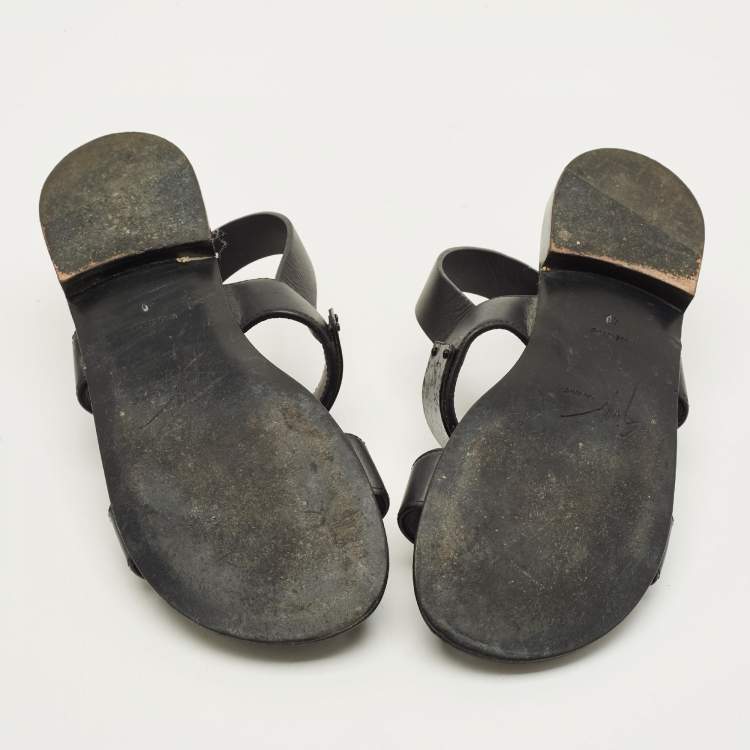 Pre Owned Giuseppe Zanotti Size 40 Black Leather Slingback Flat Sandals