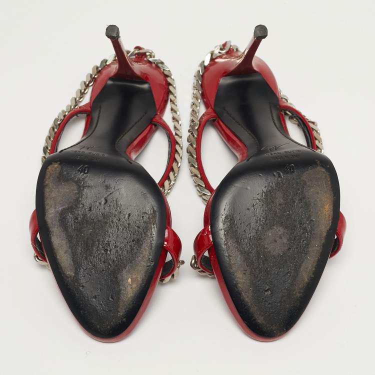 Pre Owned Giuseppe Zanotti Curb Chain Size 40 Red Patent Leather Slide Sandals