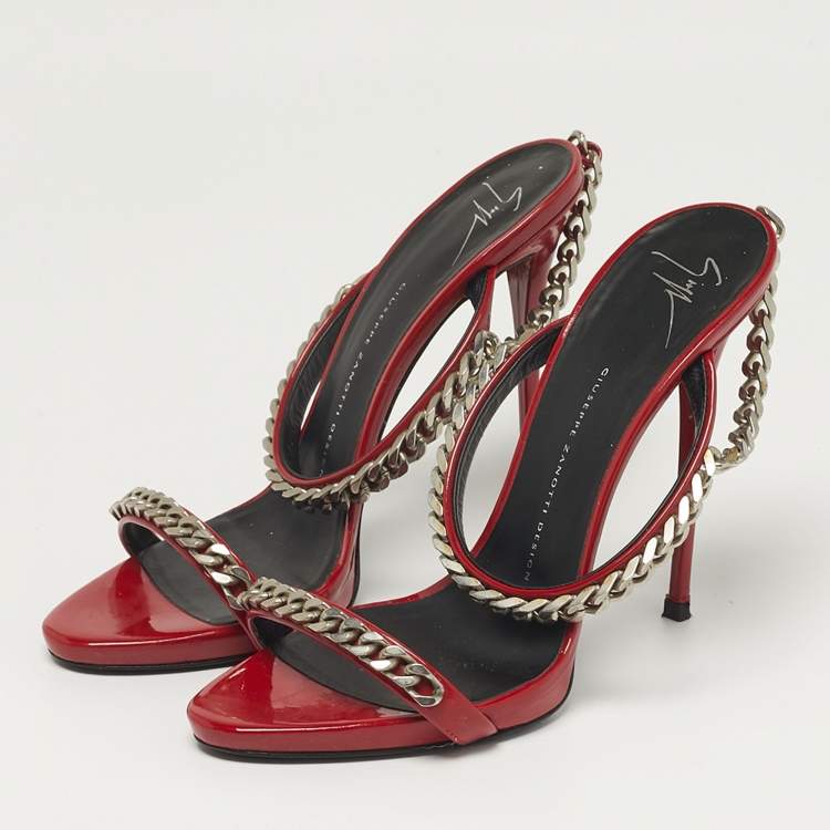 Pre Owned Giuseppe Zanotti Curb Chain Size 40 Red Patent Leather Slide Sandals