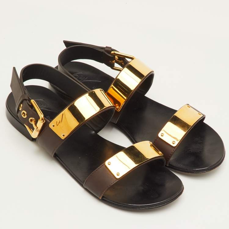 Pre Owned Giuseppe Zanotti Jason Size 41 Dark Brown Leather Slingback Flat Sandals