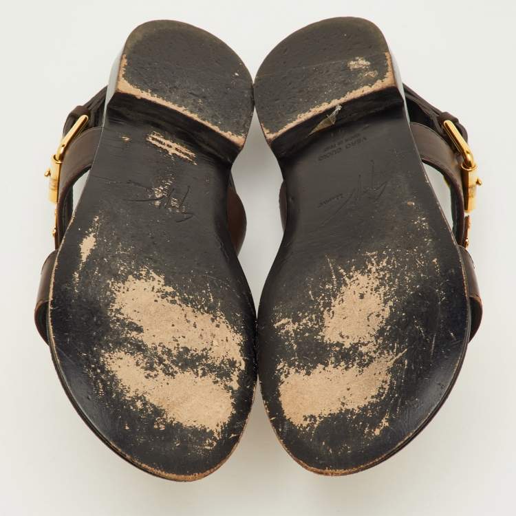 Pre Owned Giuseppe Zanotti Jason Size 41 Dark Brown Leather Slingback Flat Sandals