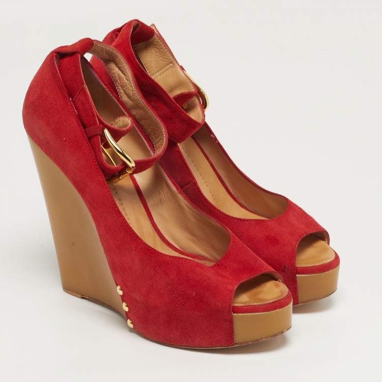 Pre Owned Giuseppe Zanotti Size 37.5 Red Suede Wedge Pumps