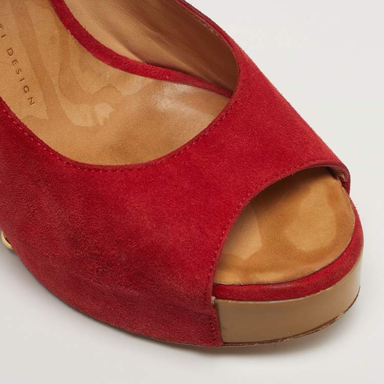Pre Owned Giuseppe Zanotti Size 37.5 Red Suede Wedge Pumps