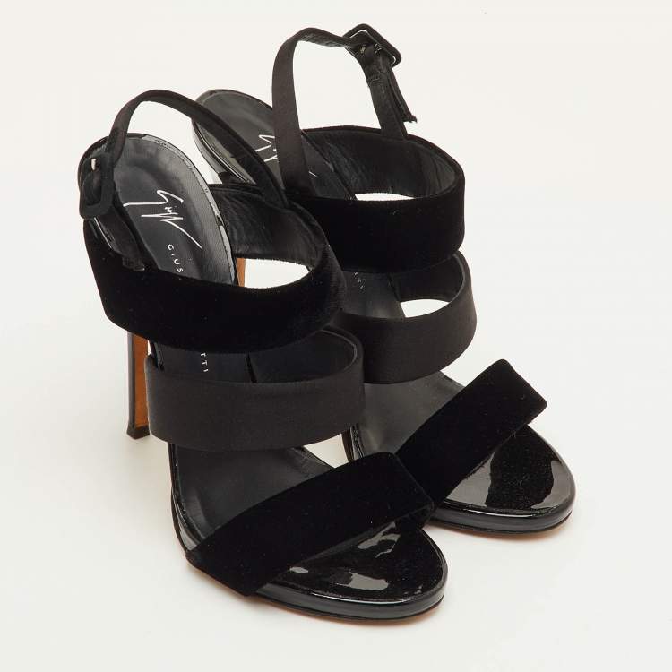 Pre Owned Giuseppe Zanotti Veronica Size 38.5 Black Satin and Velvet Strappy Slingback Sandals