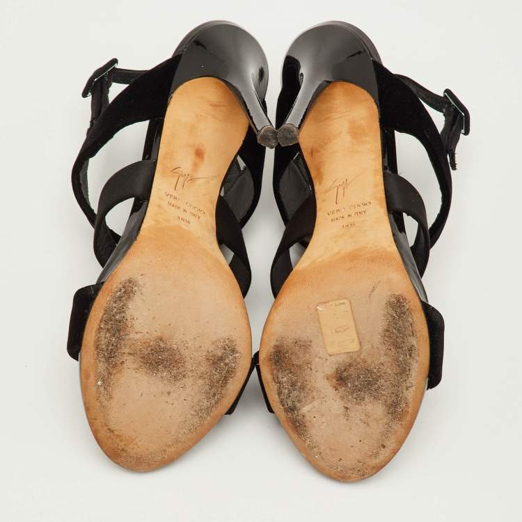 Pre Owned Giuseppe Zanotti Veronica Size 38.5 Black Satin and Velvet Strappy Slingback Sandals