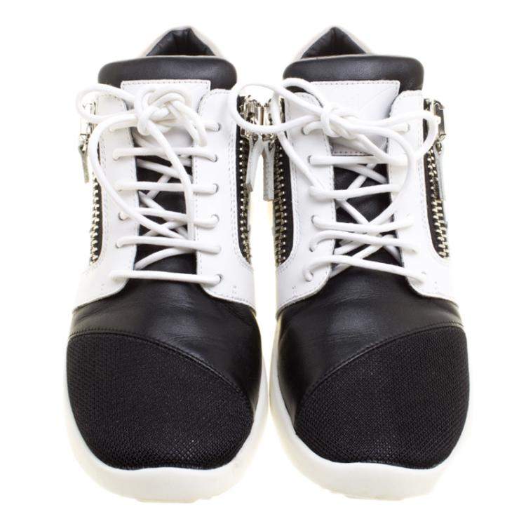 Pre Owned Giuseppe Zanotti Monochrome Leather and Mesh Megatron Lace Up Sneakers Size 40