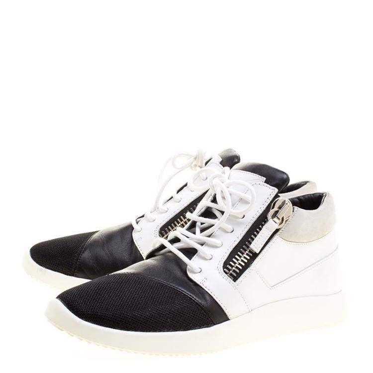 Pre Owned Giuseppe Zanotti Monochrome Leather and Mesh Megatron Lace Up Sneakers Size 40