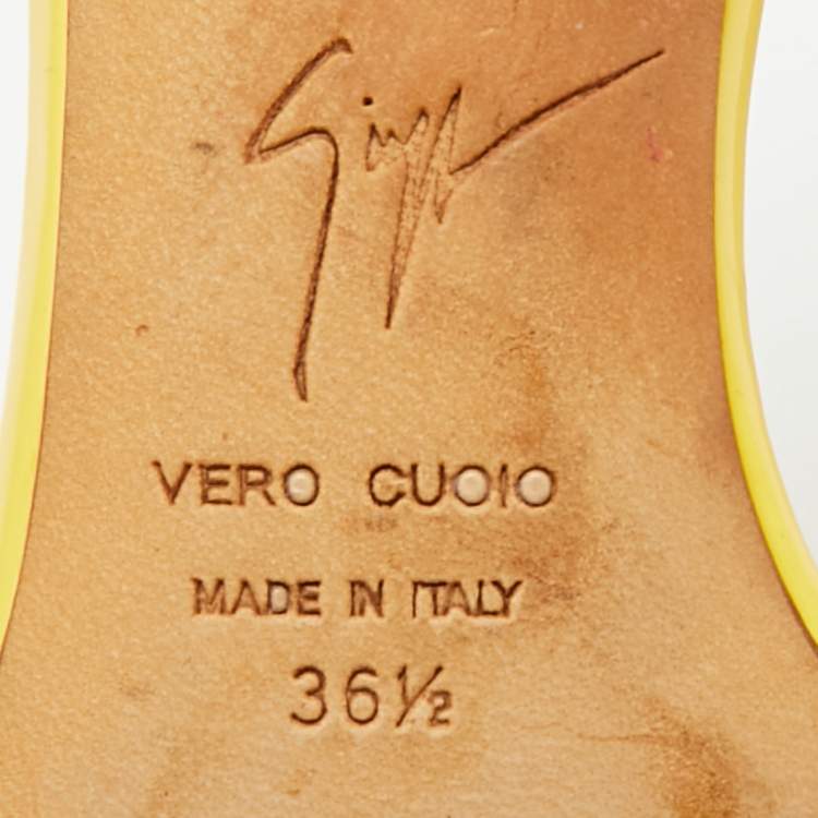 Pre Owned Giuseppe Zanotti Size 36.5 Yellow Patent Leather Criss Cross Slide Sandals