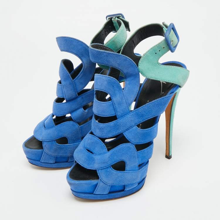 Pre Owned Giuseppe Zanotti Size 36.5 Two Tone Suede Cutout Caged Platform  Ankle Strap Sandals