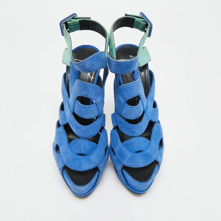 Pre Owned Giuseppe Zanotti Size 36.5 Two Tone Suede Cutout Caged Platform  Ankle Strap Sandals