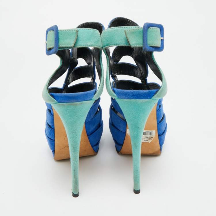 Pre Owned Giuseppe Zanotti Size 36.5 Two Tone Suede Cutout Caged Platform  Ankle Strap Sandals