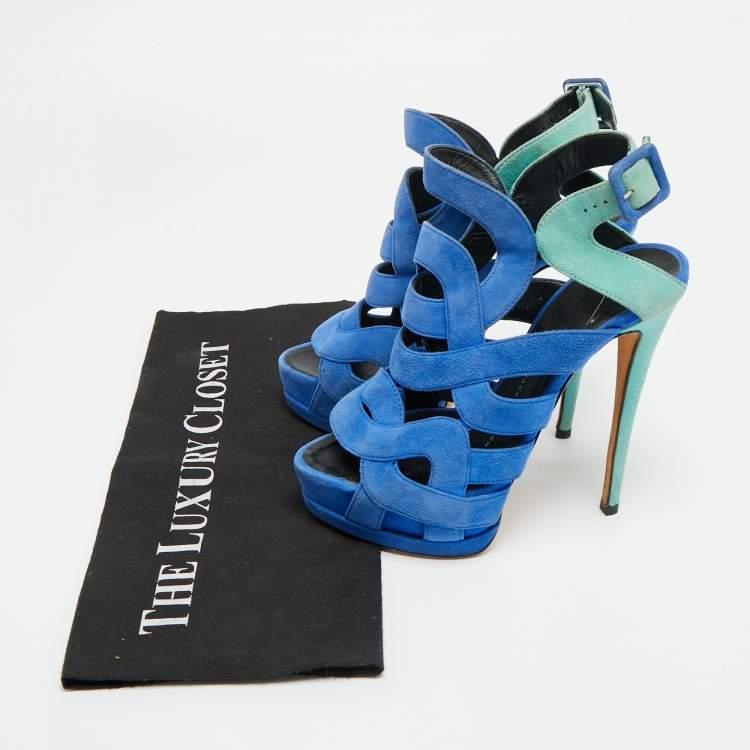 Pre Owned Giuseppe Zanotti Size 36.5 Two Tone Suede Cutout Caged Platform  Ankle Strap Sandals