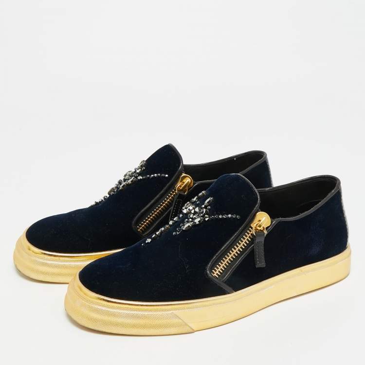 Pre Owned Giuseppe Zanotti May London Size 39.5 Navy Blue Velvet Low Top Sneakers