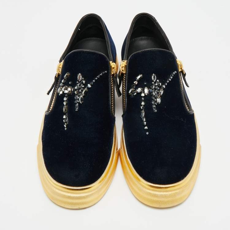 Pre Owned Giuseppe Zanotti May London Size 39.5 Navy Blue Velvet Low Top Sneakers