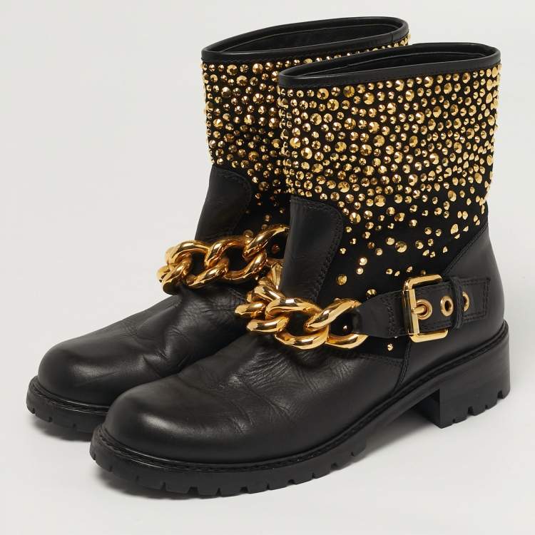 Pre Owned Giuseppe Zanotti Size 40 Black Leather Chain Detail Ankle Boots 
