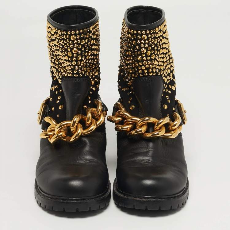 Pre Owned Giuseppe Zanotti Size 40 Black Leather Chain Detail Ankle Boots 