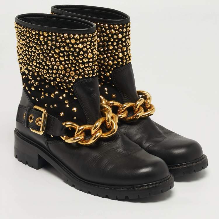 Pre Owned Giuseppe Zanotti Size 40 Black Leather Chain Detail Ankle Boots 