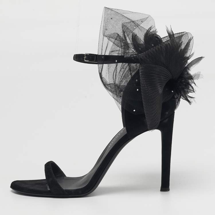 Pre Owned Giuseppe Zanotti Basic 105 Size 38 Black Lace and Suede Slide Sandals