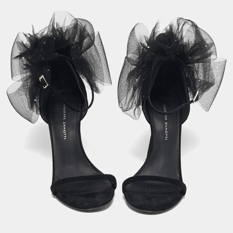 Pre Owned Giuseppe Zanotti Basic 105 Size 38 Black Lace and Suede Slide Sandals