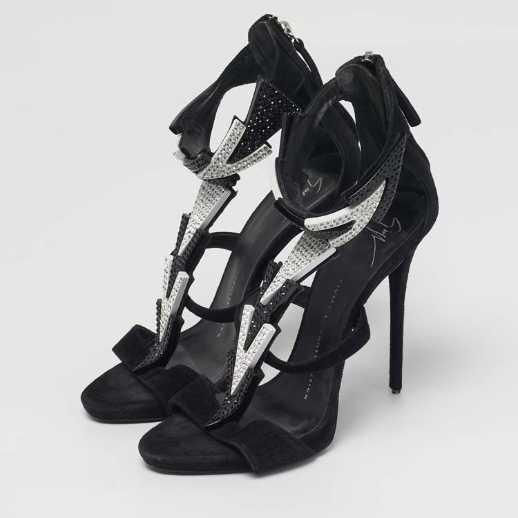 Pre Owned Giuseppe Zanotti Size 37 Black Suede Crystal Embellished Ankle Strap Sandals