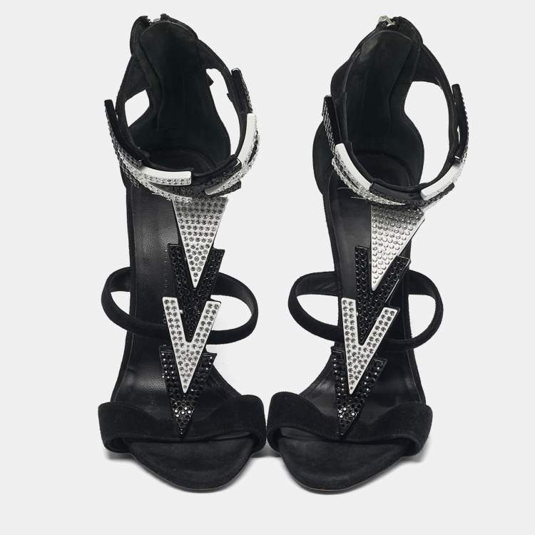 Pre Owned Giuseppe Zanotti Size 37 Black Suede Crystal Embellished Ankle Strap Sandals