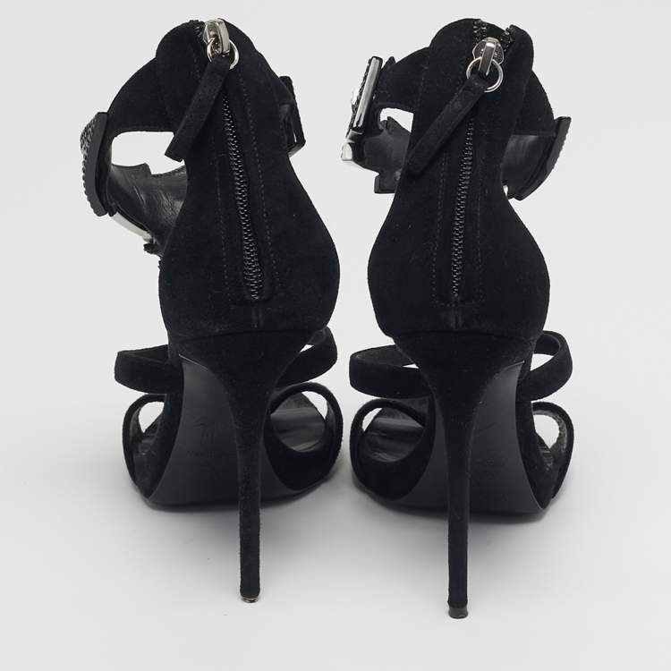 Pre Owned Giuseppe Zanotti Size 37 Black Suede Crystal Embellished Ankle Strap Sandals