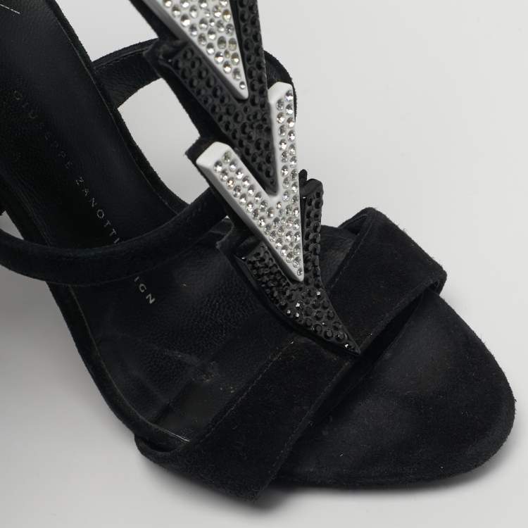 Pre Owned Giuseppe Zanotti Size 37 Black Suede Crystal Embellished Ankle Strap Sandals