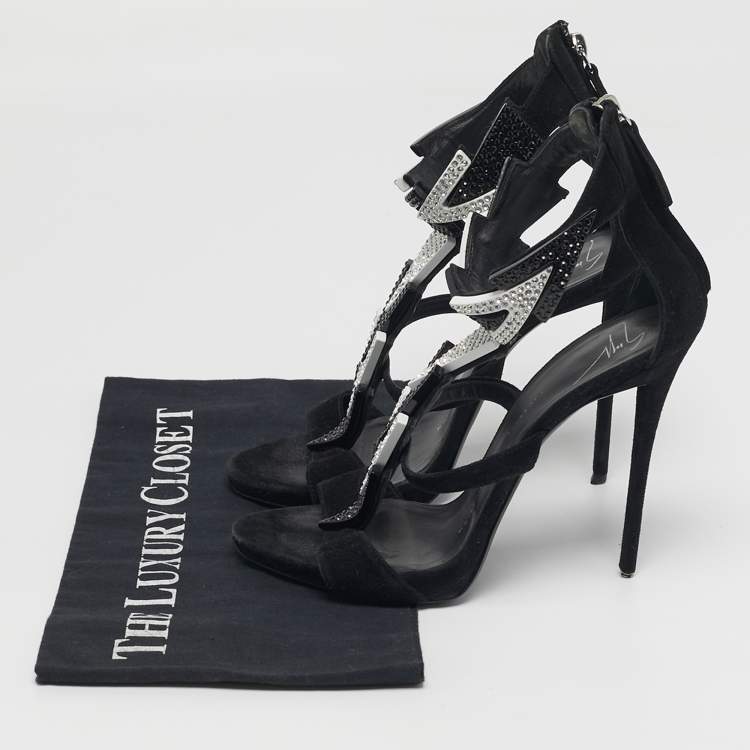 Pre Owned Giuseppe Zanotti Size 37 Black Suede Crystal Embellished Ankle Strap Sandals