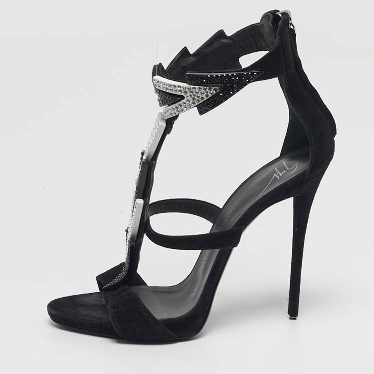 Pre Owned Giuseppe Zanotti Size 37 Black Suede Crystal Embellished Ankle Strap Sandals