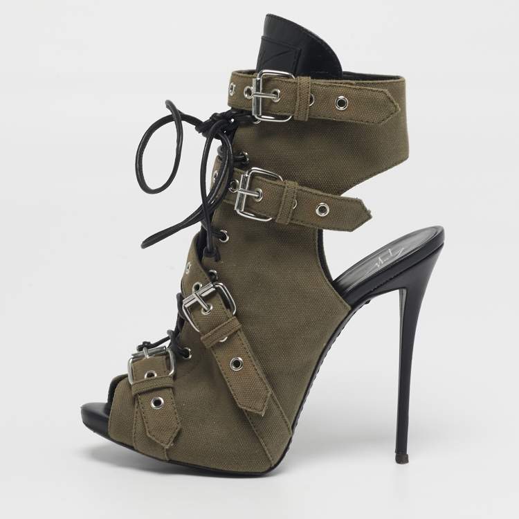 Pre Owned Giuseppe Zanotti Size 38.5 Green Canvas Peep Toe Cut Out Ankle Booties 
