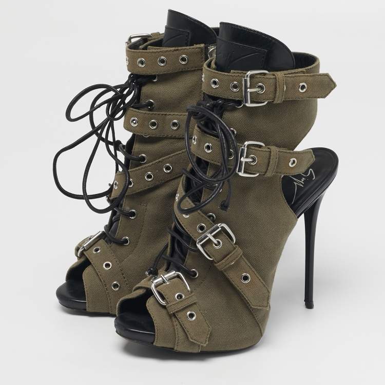 Pre Owned Giuseppe Zanotti Size 38.5 Green Canvas Peep Toe Cut Out Ankle Booties 