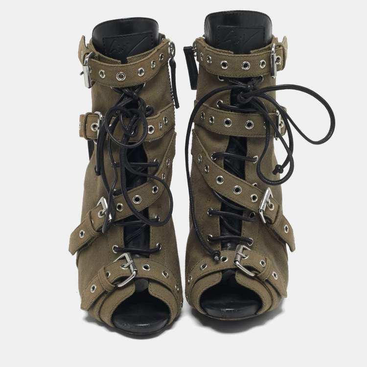 Pre Owned Giuseppe Zanotti Size 38.5 Green Canvas Peep Toe Cut Out Ankle Booties 