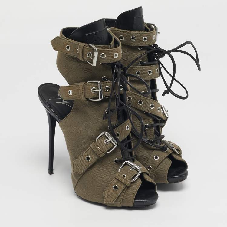 Pre Owned Giuseppe Zanotti Size 38.5 Green Canvas Peep Toe Cut Out Ankle Booties 
