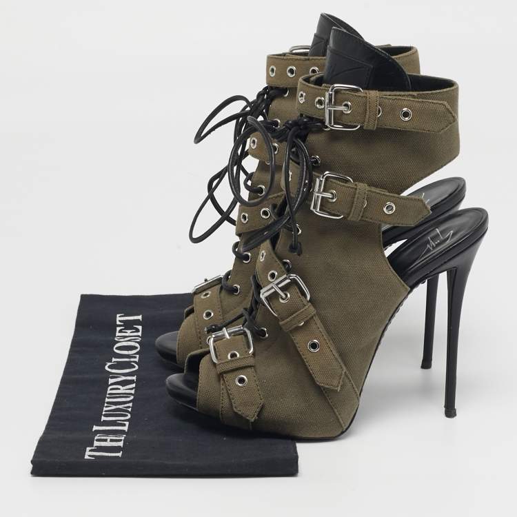 Pre Owned Giuseppe Zanotti Size 38.5 Green Canvas Peep Toe Cut Out Ankle Booties 