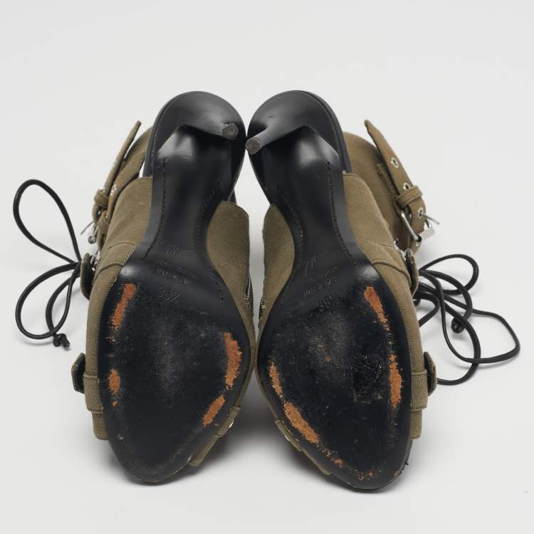 Pre Owned Giuseppe Zanotti Size 38.5 Green Canvas Peep Toe Cut Out Ankle Booties 