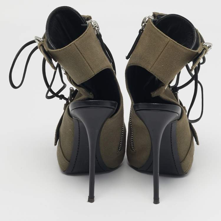 Pre Owned Giuseppe Zanotti Size 38.5 Green Canvas Peep Toe Cut Out Ankle Booties 