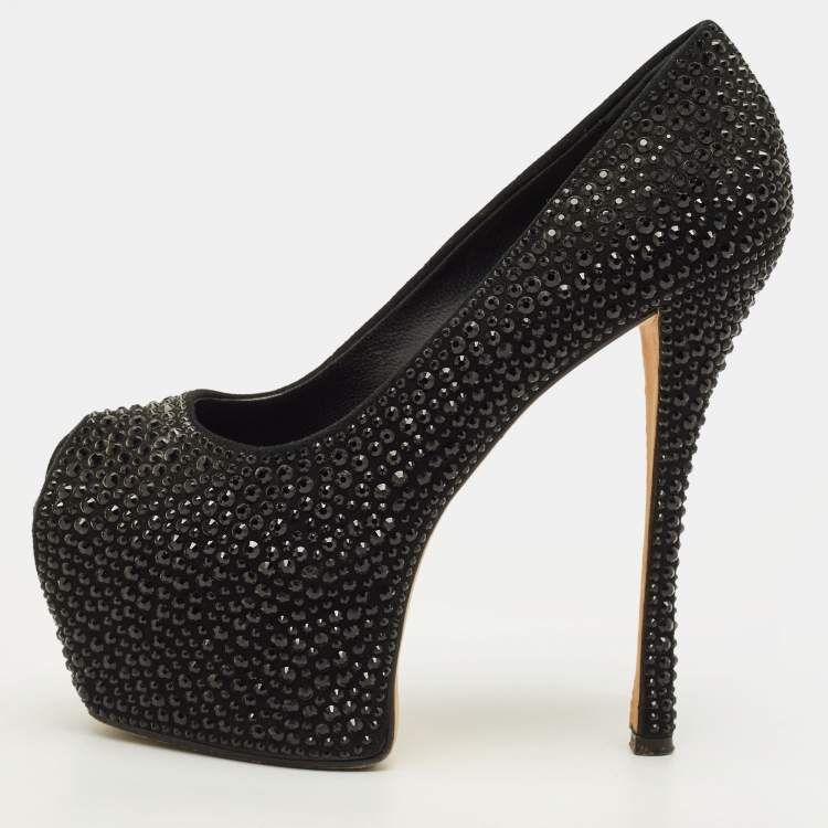 Pre Owned Giuseppe Zanotti Liza Size 38 Black Suede Crystal Embellished Peep Toe Pumps