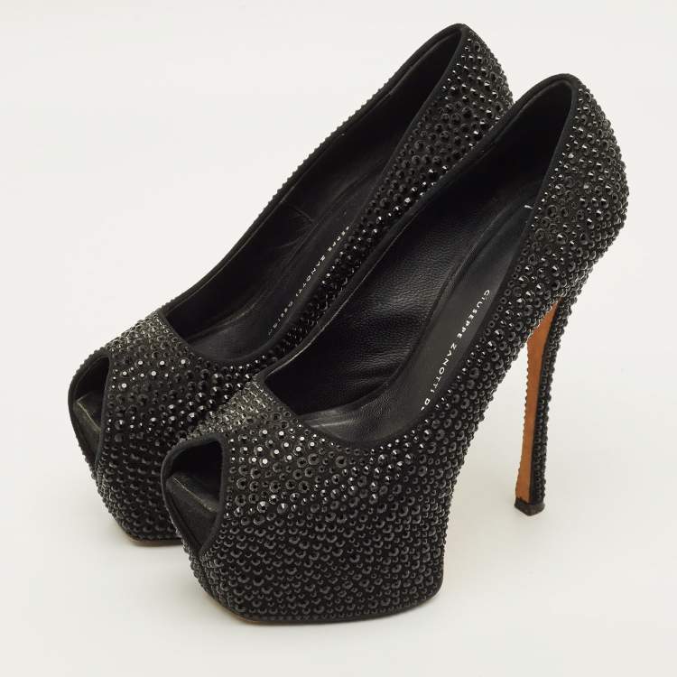 Pre Owned Giuseppe Zanotti Liza Size 38 Black Suede Crystal Embellished Peep Toe Pumps